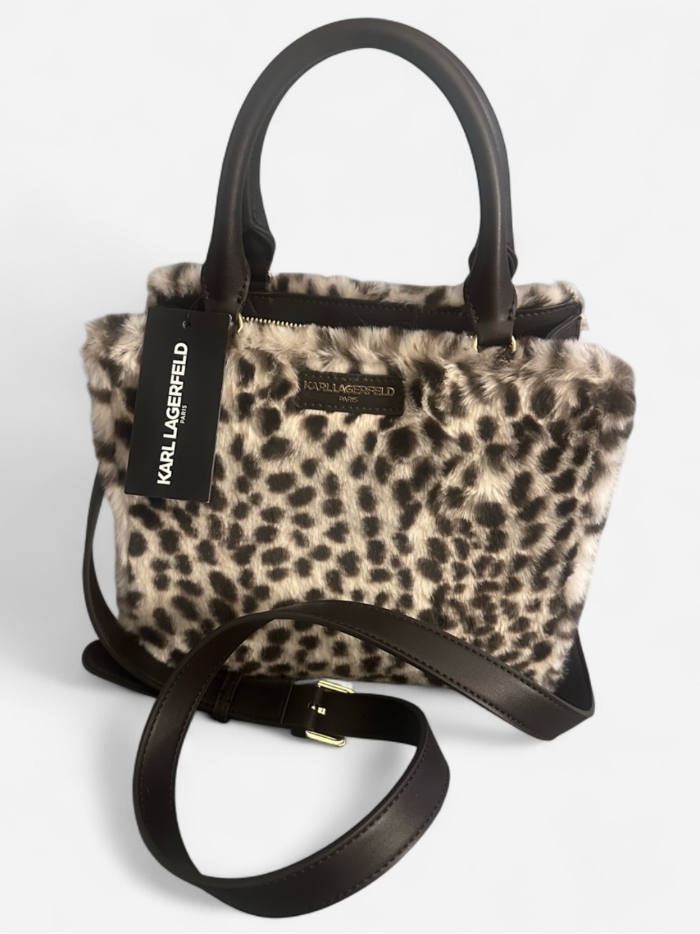 Stunning, Viral,Karl Lagerfeld Leopard Faux-Fur Crossbody Bag in Brown and Cream